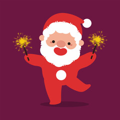 Happy Santa Claus with sparklers vector cartoon character.