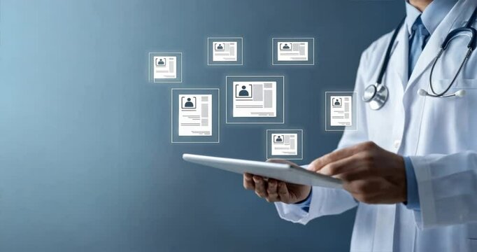 Doctor holding an electronic tablet creating medical records on the screen with floating document icons, digital health records, medical information displayed