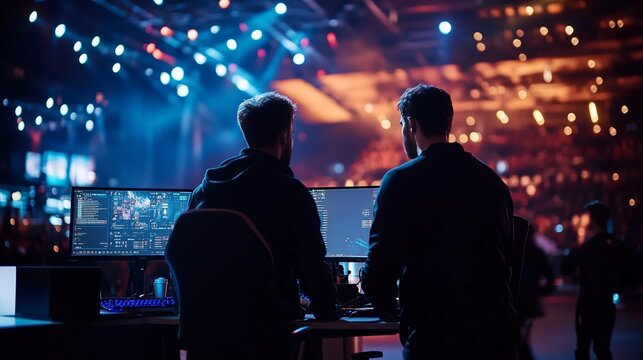 Two men work on a computer in front of a large crowd at a nighttime event