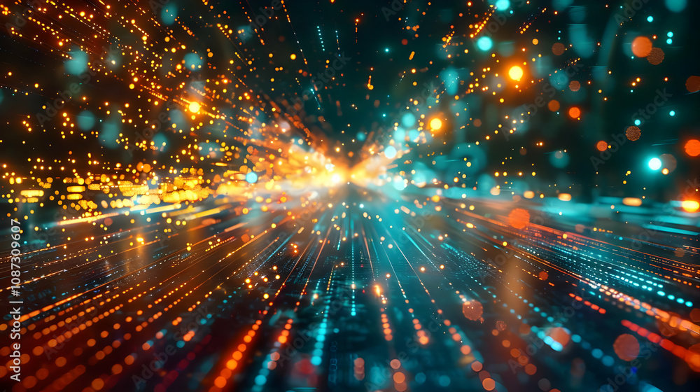 Poster abstract 3d background: glowing particles converge in a dynamic, energetic burst of light and color