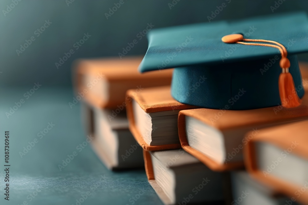 Poster soft ethereal close up of a graduation cap resting atop a stack of open books their pages illuminate