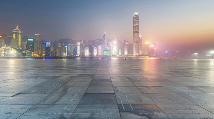 Empty square floor with city skyline background, City skyline with a post-apocalyptic twist, dystopian urban landscape reflecting the aftermath of a catastrophe