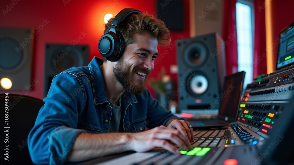 Poster smiling audio engineer wearing headphones and adjusting controls on a professional mixing board in a
