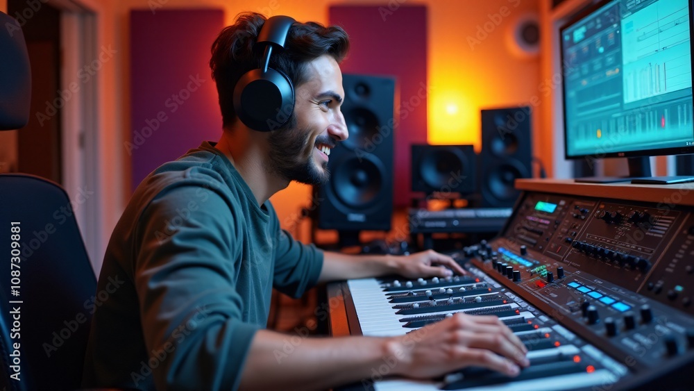 Poster smiling audio engineer wearing headphones and adjusting controls on a professional mixing board in a