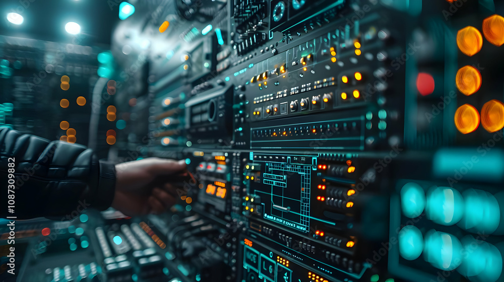 Poster a hand interacts with futuristic digital control panel, adjusting complex system settings in a dark 