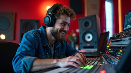 Smiling audio engineer wearing headphones and adjusting controls on a professional mixing board in a vibrant studio setting. Ideal for music production, sound engineering, and creative industries.