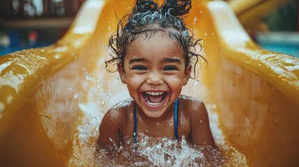Happy African girl having fun on slide in water park, little smiling kid plays at hotel pool in summer. Concept of child, aqua, beach