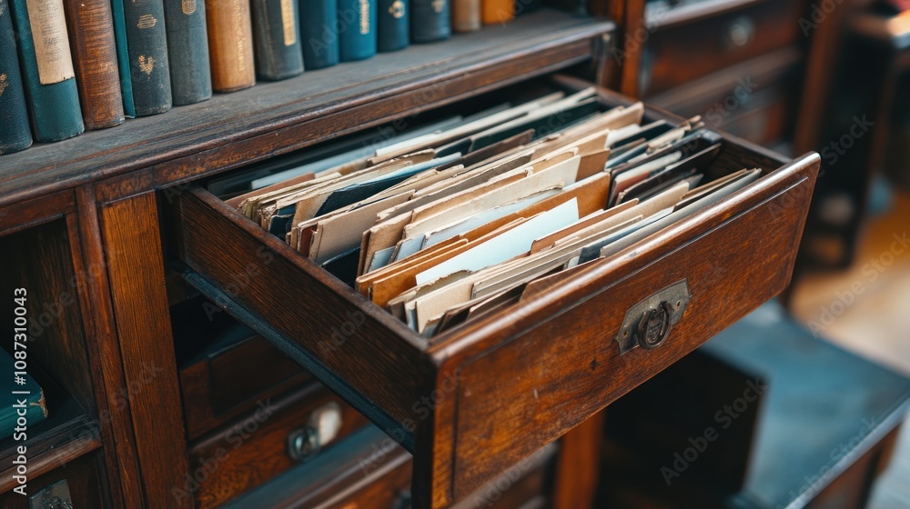 Poster a wooden drawer filled with assorted files and documents in a vintage library setting.