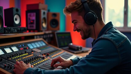 Smiling audio engineer wearing headphones and adjusting controls on a professional mixing board in a vibrant studio setting. Ideal for music production, sound engineering, and creative industries.