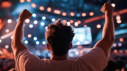 A person with short, curly hair is seen from behind, arms raised in celebration