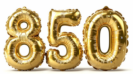 Golden 3D Balloon Number 850 with Stars on White Background Illustration