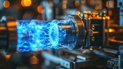 Nuclear reaction or plasma in equipment of physical lab, blue light of energy and electrical discharges close-up. Concept of fusion, power, science, research and reactor