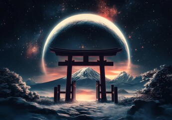 The Milky Way illuminates the scene behind the torii and Fuji.