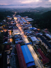 Aerial view of the town of Raub in Pahang at dawn time.