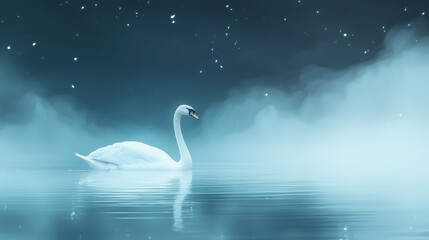 Obraz premium serene white swan gliding on misty lake under starry sky