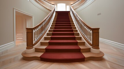 Obraz premium Elegant Grand Staircase with Plush Red Carpet and Crystal Accents - Luxurious Interior Design Featuring Dramatic Lighting and Warm Ambiance