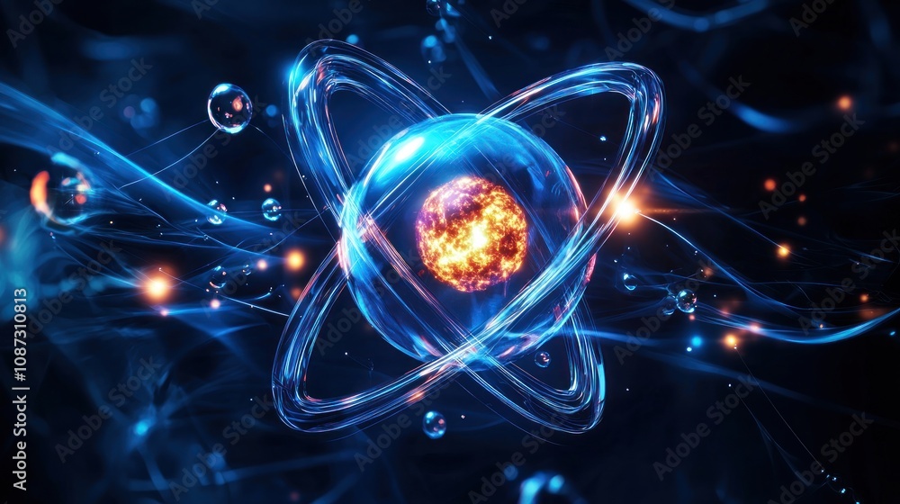Poster a dynamic illustration of electrons orbiting an atom's nucleus, visually representing the fundamenta