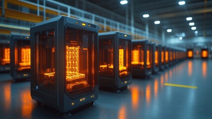 Advanced 3D printers operating in a modern manufacturing facility at night