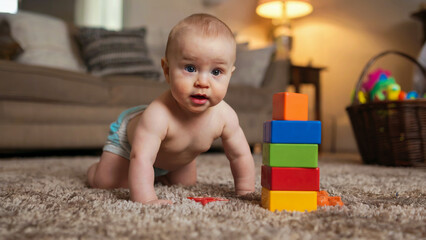 A baby exploring a cozy carpet, eagerly approaching bright building blocks in a cheerful, welcoming atmosphere.