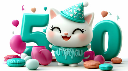 Obraz premium A 3D Rendering of a Cheerful White Cat Wearing a Party Hat Standing Between the Numbers 5 and 0, Surrounded by Balloons and Colorful Decorations