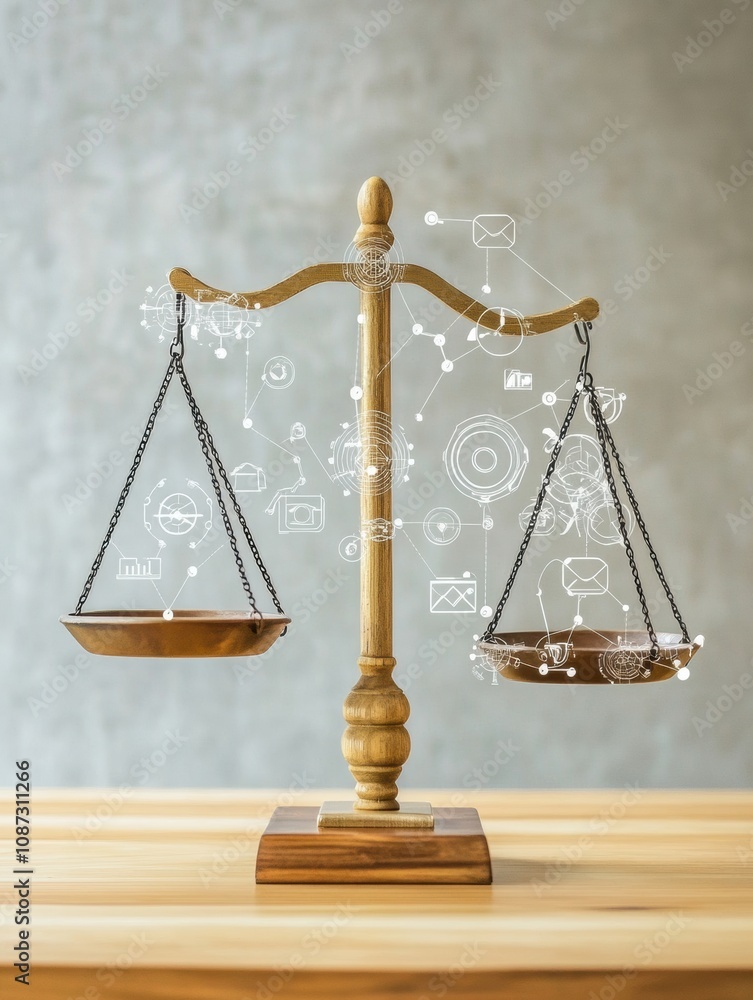 Poster a wooden balance scale showcases various digital icons, symbolizing technology and communication, se