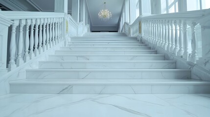Naklejka premium Opulent Grand Staircase with Gleaming White Marble and Gold Accents - Dramatic Foyer Featuring a Stunning Chandelier in a Luxurious Atmosphere