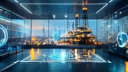 A high-tech digital control room overlooking a bustling offshore oil rig and energy-producing wind turbines, blending modernity and industry. - Powered by Adobe
