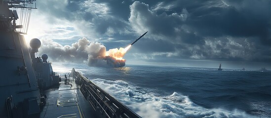Photo of a rail-mounted grid, missile launch from a warship in the ocean