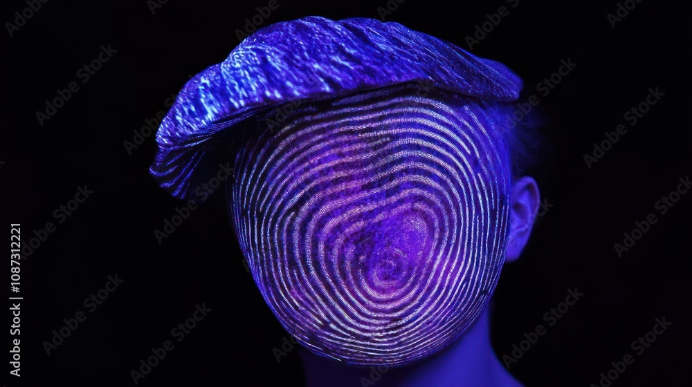 Poster a surreal portrait featuring a textured, circular pattern on a face with a shell-like headpiece.