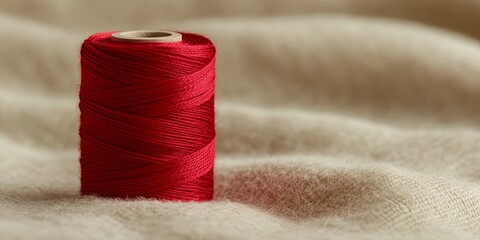 Close-up of Red Thread Spool on Fabric