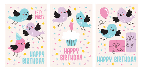 Cute baby birthday party birds design for greeting or invitation cards hand drawn ornament