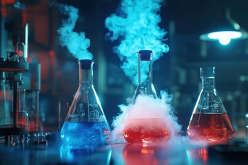 A lab table with a beaker of liquid and a beaker of smoke