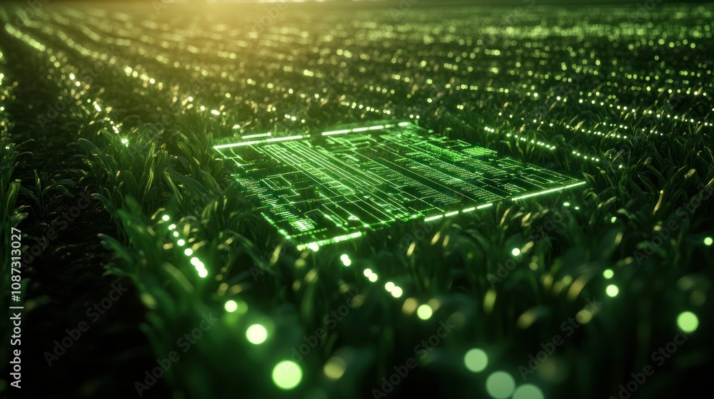Poster a glowing circuit board embedded in a field of grass, symbolizing technology and nature.