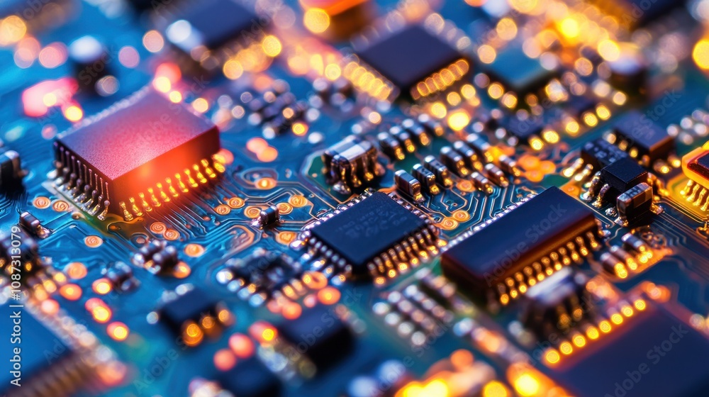 Poster close-up of a circuit board showcasing microchips and electronic components.