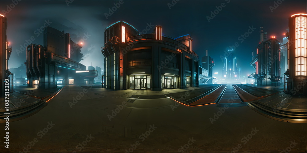 Wall mural full 360 degrees seamless spherical panorama hdri equirectangular projection of cyberpunk night city