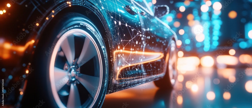 Poster a futuristic car design illuminated with digital patterns and vibrant lights.