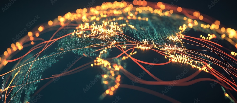 Poster a digital representation of global connectivity with vibrant lines illustrating data flow.