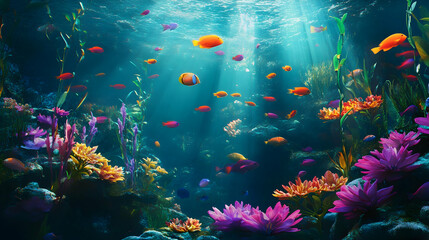 Vibrant Underwater Scene with Colorful Fish and Lilies