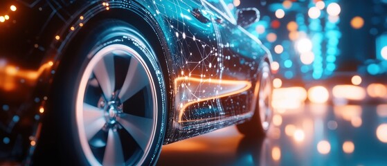 A futuristic car design illuminated with digital patterns and vibrant lights.