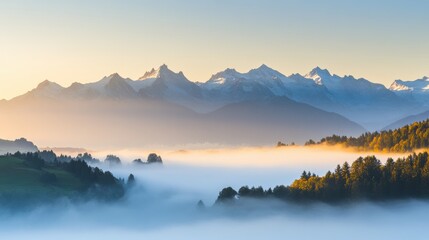 A serene valley covered in fog greets the sunrise, revealing a stunning mountain range and lush green trees in the foreground. Generative AI