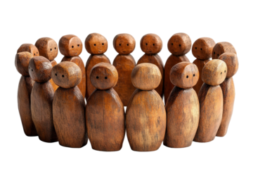 A collecti of wooden figures stands in a circle, symbolizing unity and solidarity