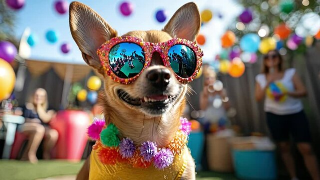 Party Pup: A cheerful Chihuahua sporting vibrant sunglasses and a colorful lei, basking in the festive atmosphere of a backyard party.  
