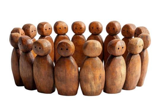 A collecti of wooden figures stands in a circle, symbolizing unity and solidarity