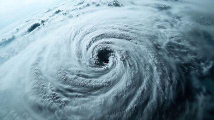 Aerial view of a massive hurricane swirling over the ocean with a well-defined eye in the center, showcasing the powerful and dramatic movement of clouds around the central point.