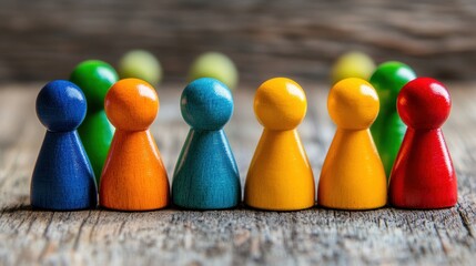 Colorful wooden game pieces arranged on a wooden surface, suggesting a board game setting.