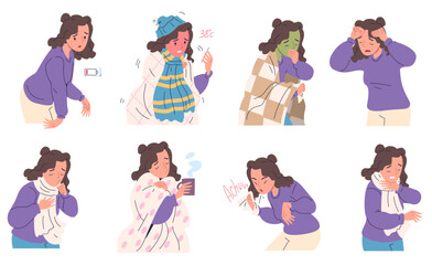 Woman cold symptoms. Cartoon unwell flu girl sickness symptom, sneeze cough fever sore throat tiredness headache hand stiffness, illness allergy disease classy vector illustration