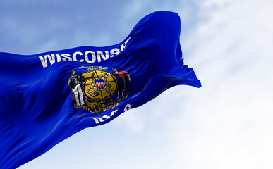 Wisconsin state flag waving in the wind