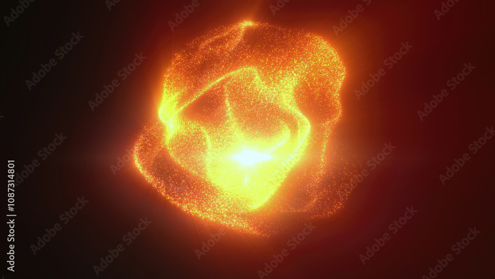 Poster orange particles in an abstract swirling sphere shape emitting intense light against a black backgro