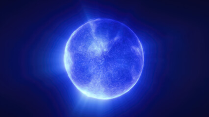 Bright blue sphere with a cosmic texture, floating against a dark background, suggesting a celestial body or energy source in deep space