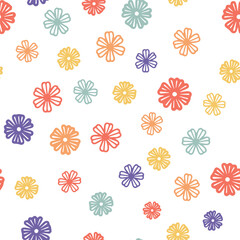 Seamless pattern with illustrated cartoon red, yellow and green flowers on white background